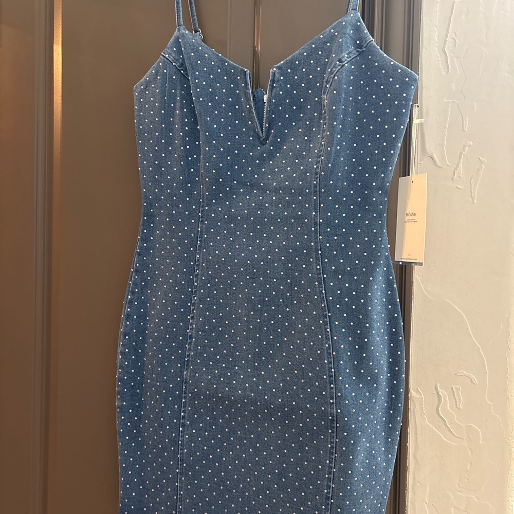 NWT Blashe Blue Denim Rhinestone Bodycon Mini Dress Small Y2K